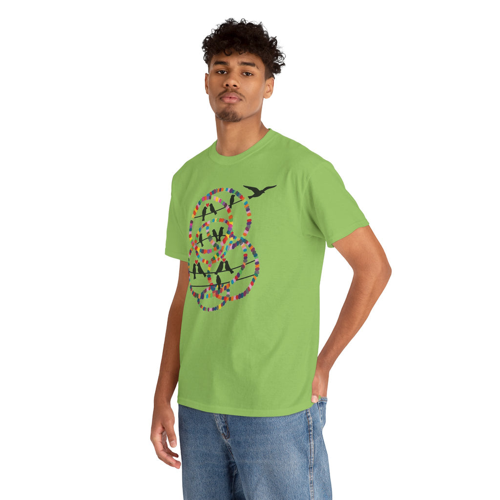 Colorful Tape Swirl with Flying Birds T-Shirt | Abstract Graphic Tee