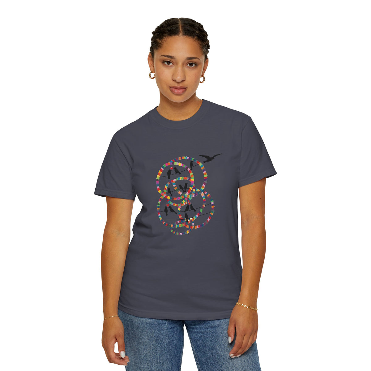 Bird Flight Graphic T-Shirt — Colorful Ring Silhouette Tee