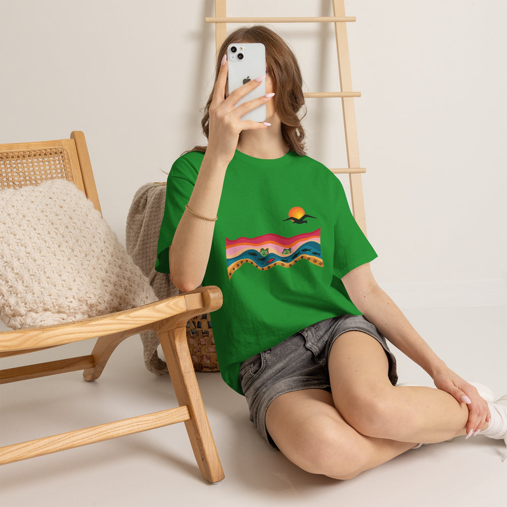 Sunset Desert Waves Tee | Vibrant Southwestern Landscape, Bird Silhouette