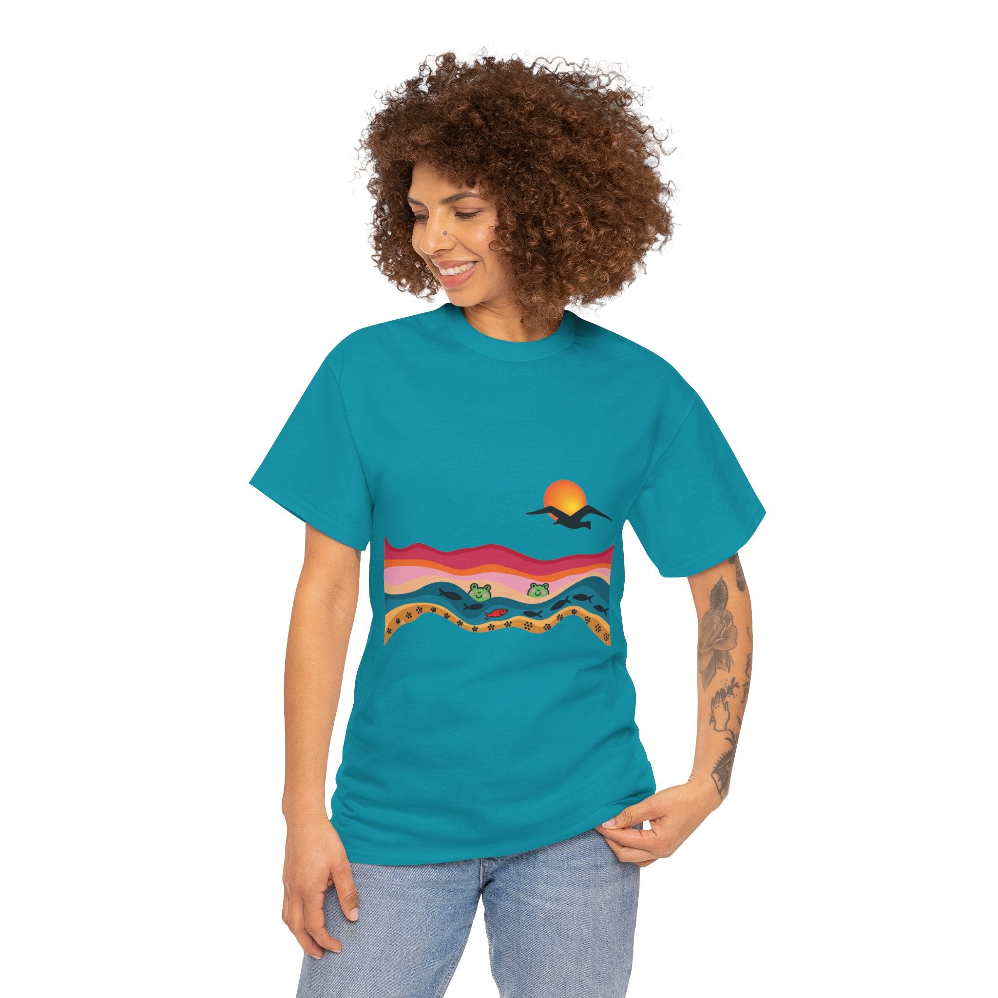 Sunset Desert Waves Tee | Vibrant Southwestern Landscape, Bird Silhouette