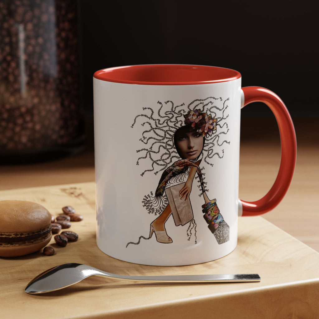 Medusa Face Collage Accent Coffee Mug | Surreal Hair Tendrils, Fashion Elements