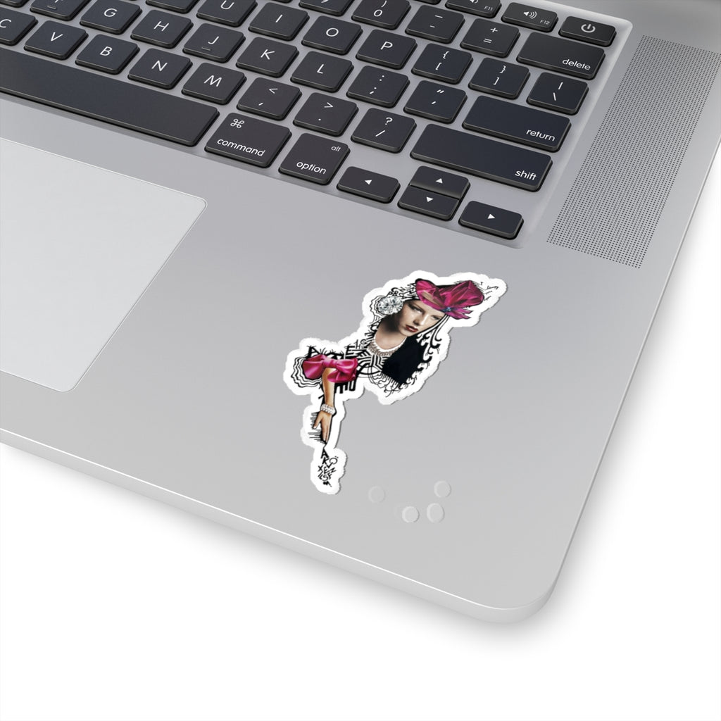 Fashion Girl Kiss-Cut Sticker — Vintage Portrait with Pink Bow Laptop Decal