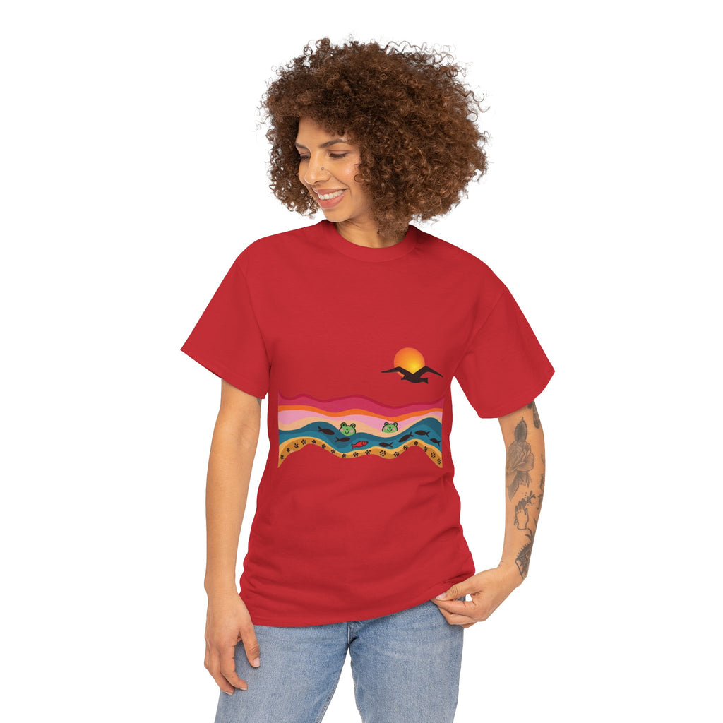 Sunset Desert Waves Tee | Vibrant Southwestern Landscape, Bird Silhouette
