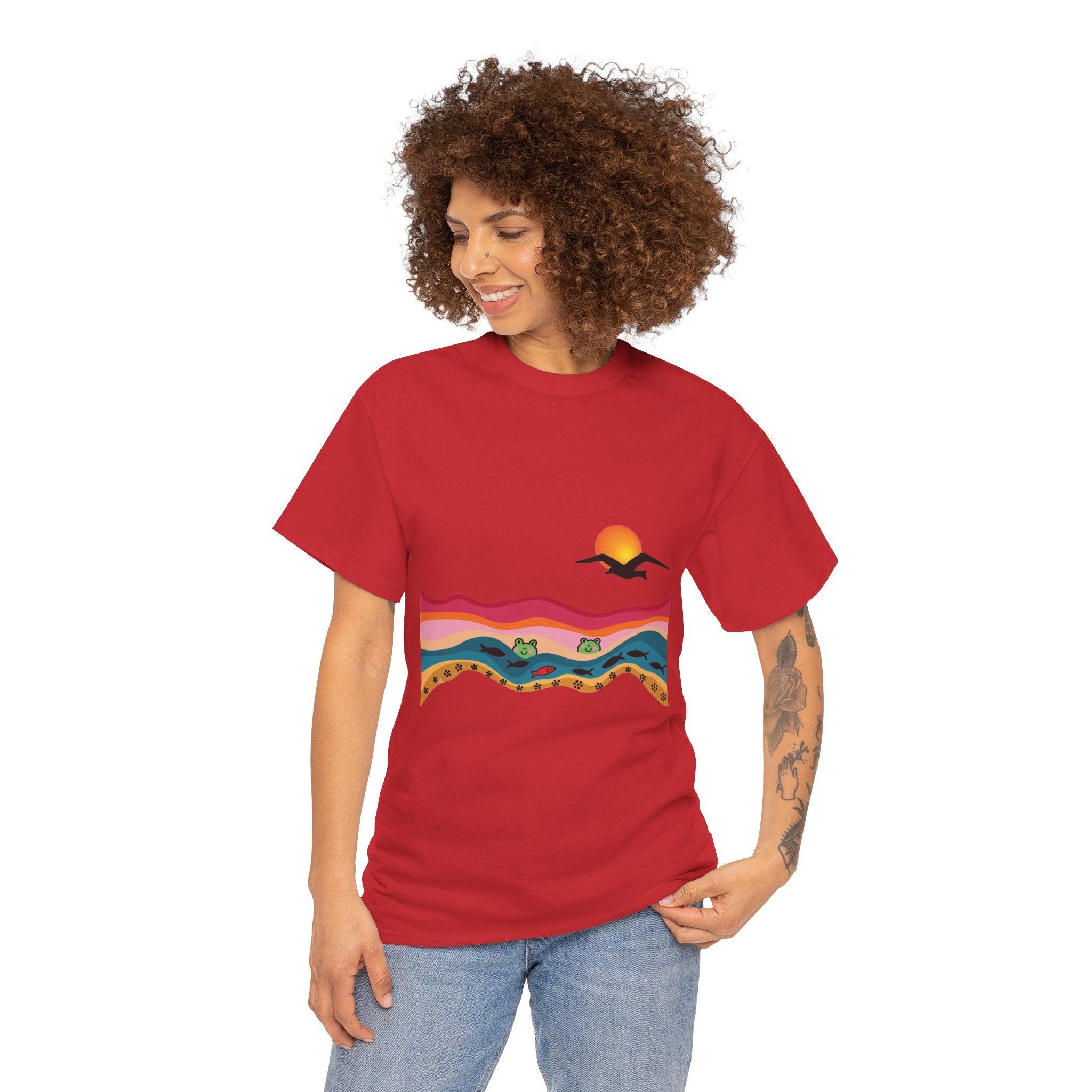 Sunset Desert Waves Tee | Vibrant Southwestern Landscape, Bird Silhouette