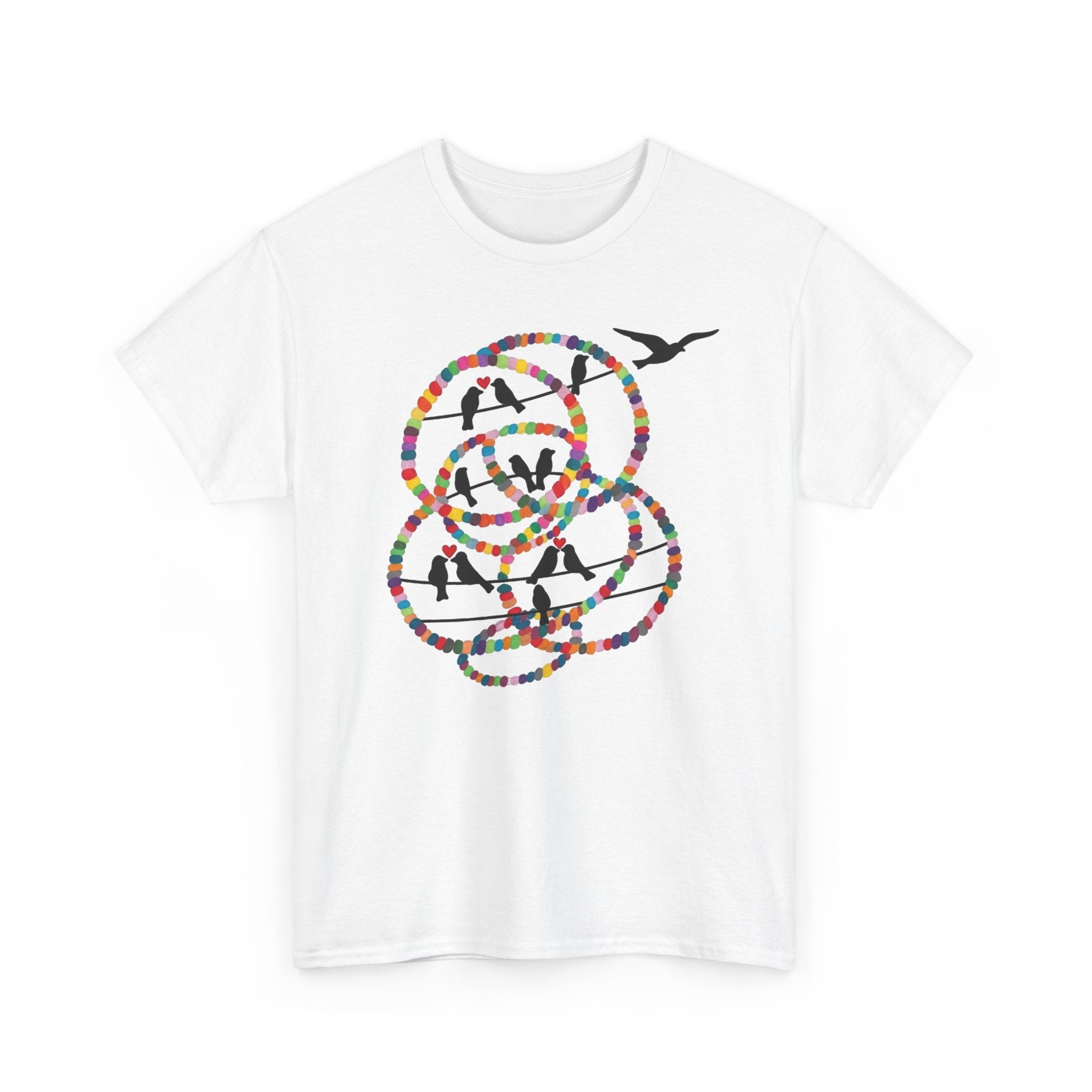 Colorful Tape Swirl with Flying Birds T-Shirt | Abstract Graphic Tee