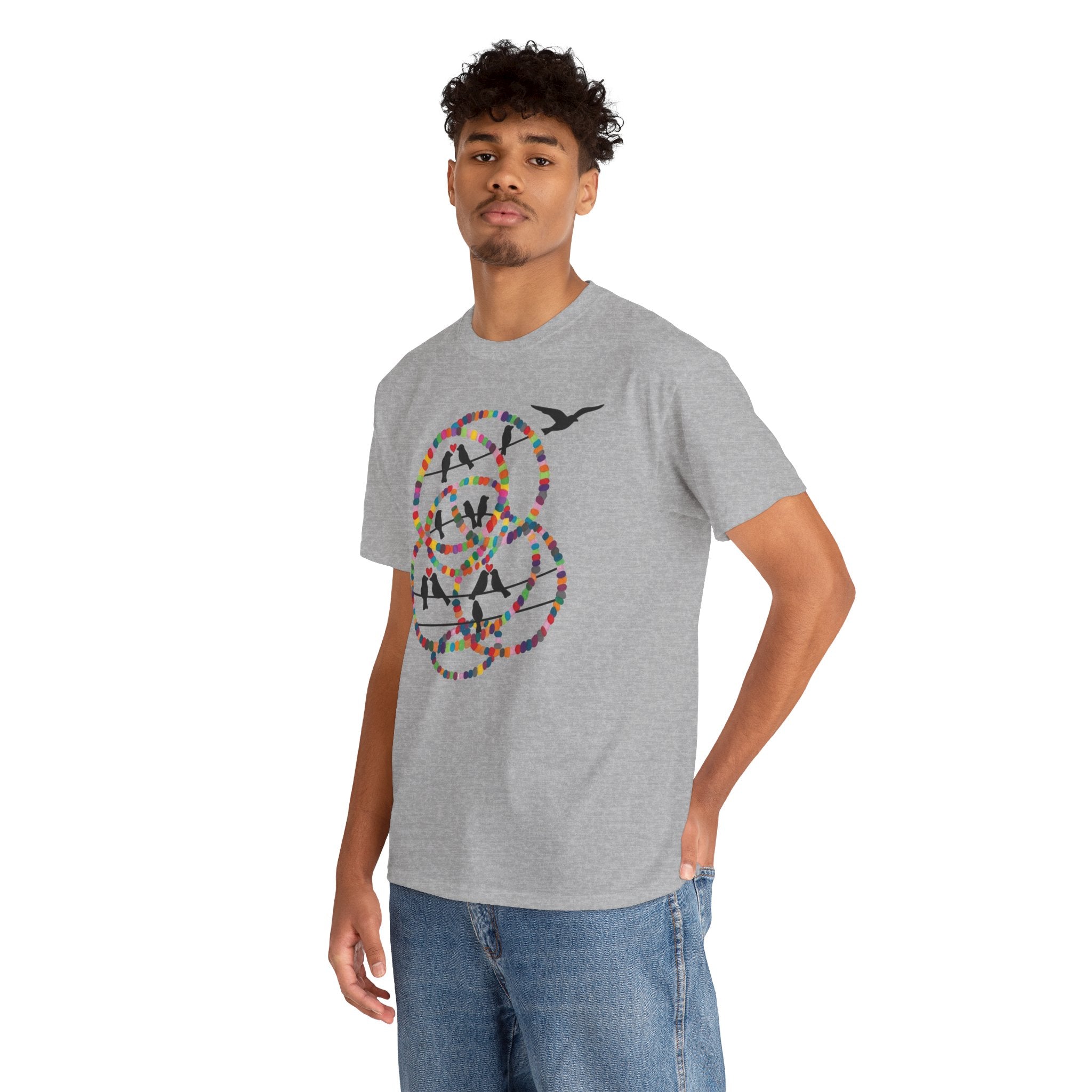 Colorful Tape Swirl with Flying Birds T-Shirt | Abstract Graphic Tee