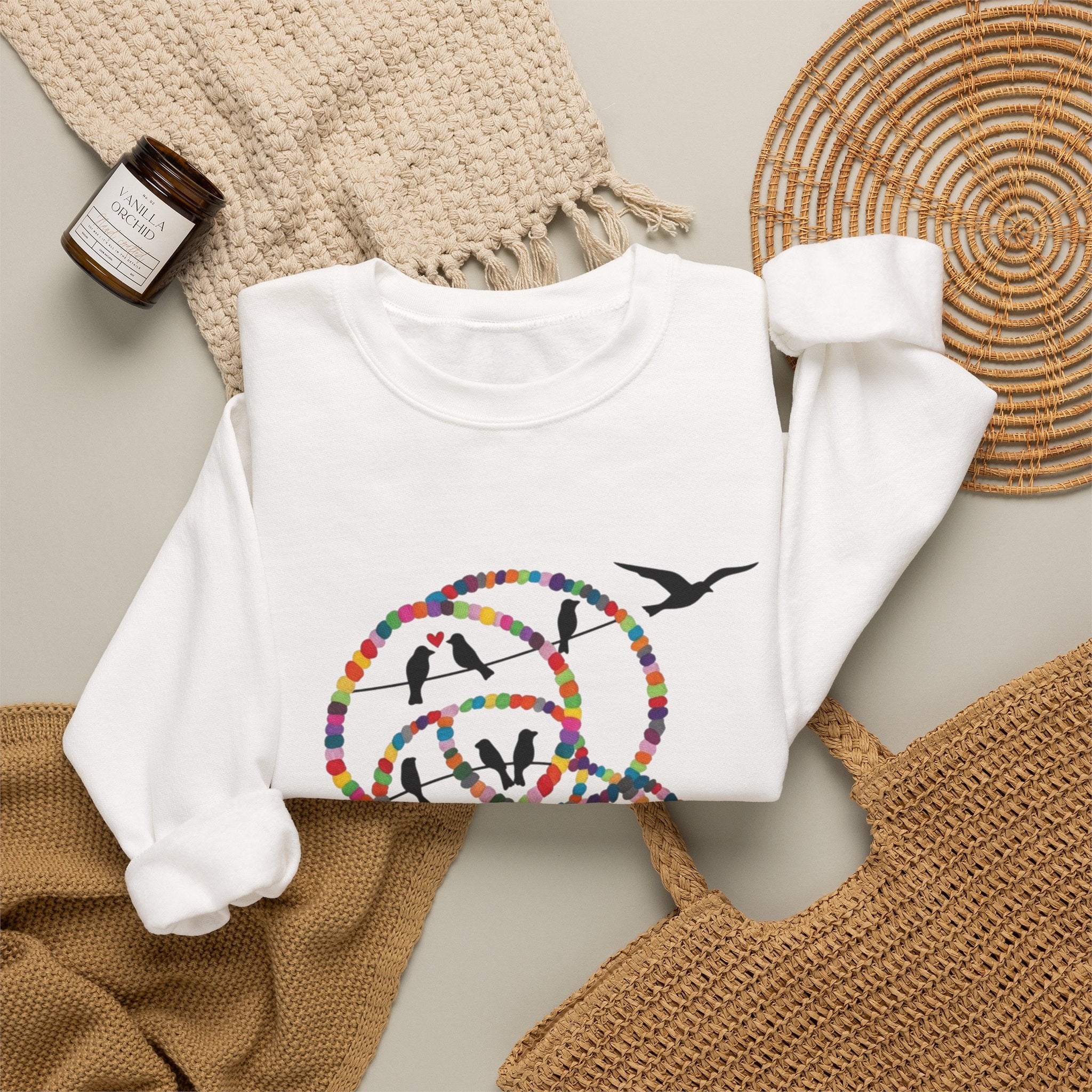 Colorful Hoop Birds sweatshirt | Minimal Circles Bird Silhouette Crewneck