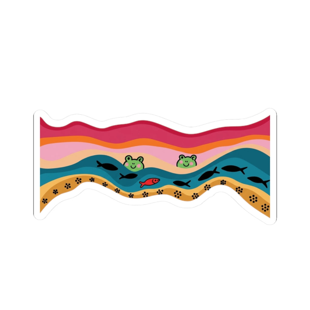 Wavy Frog Pond Kiss-Cut Sticker — Cute Retro Rainbow Frog & Fish Decal