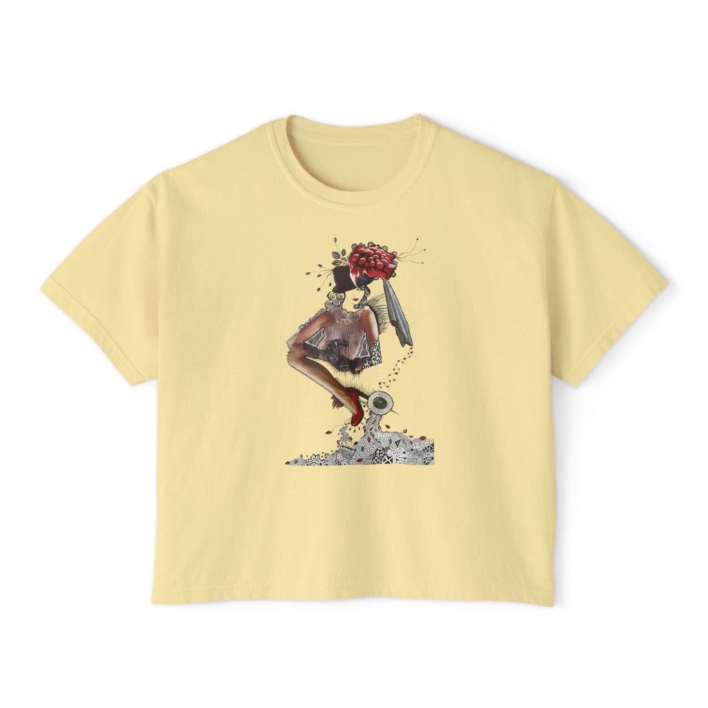 Surreal Floral-Head Figure Boxy Tee | Collage Art, Abstract Portrait
