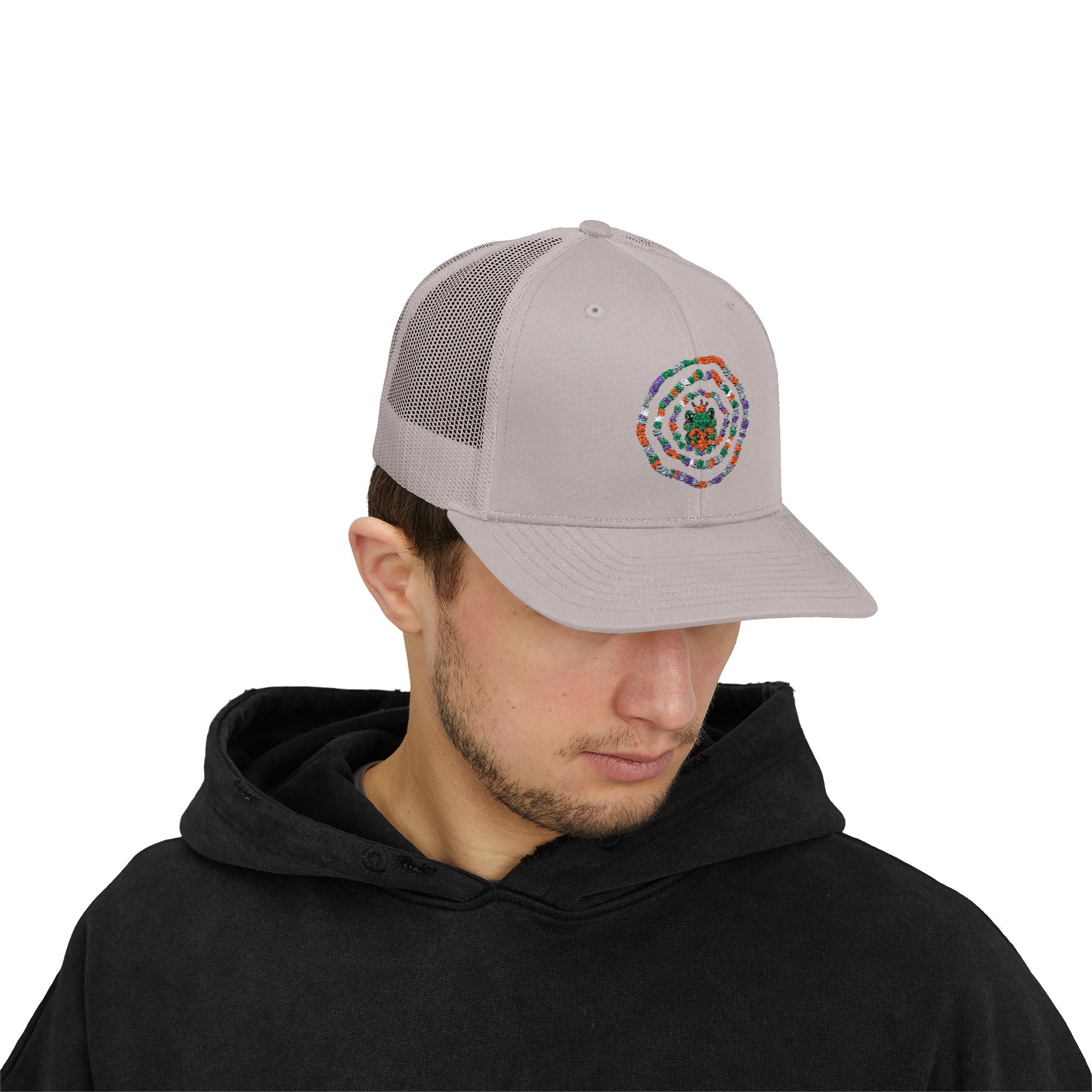 Spiral Mosaic Flower Snapback Trucker Cap | Embroidered Floral Circle