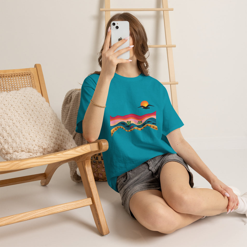 Sunset Desert Waves Tee | Vibrant Southwestern Landscape, Bird Silhouette