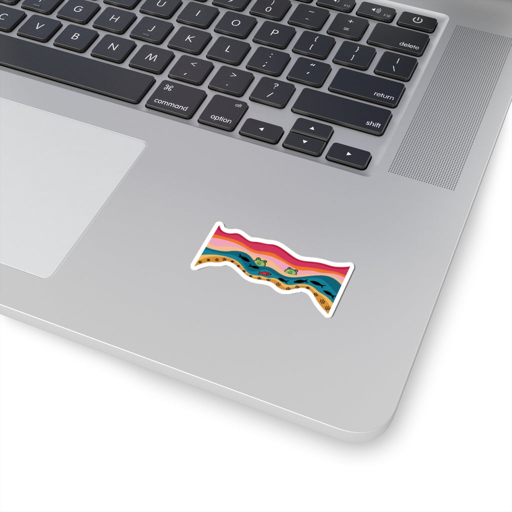Wavy Frog Pond Kiss-Cut Sticker — Cute Retro Rainbow Frog & Fish Decal