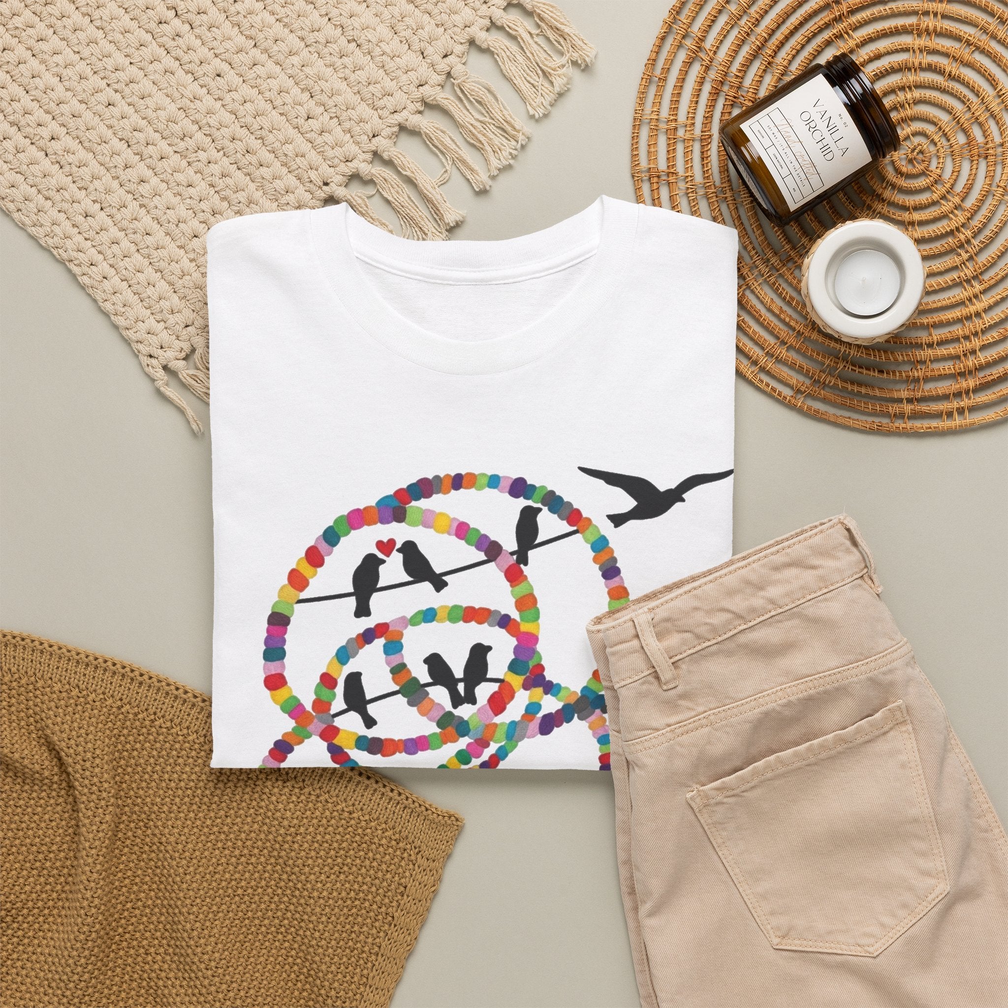 Colorful Tape Swirl with Flying Birds T-Shirt | Abstract Graphic Tee
