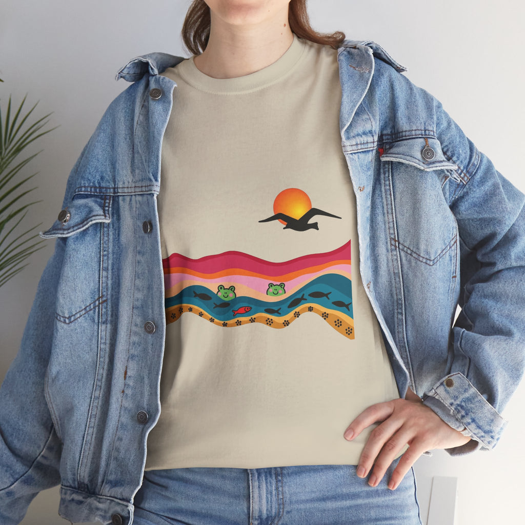Sunset Desert Waves Tee | Vibrant Southwestern Landscape, Bird Silhouette