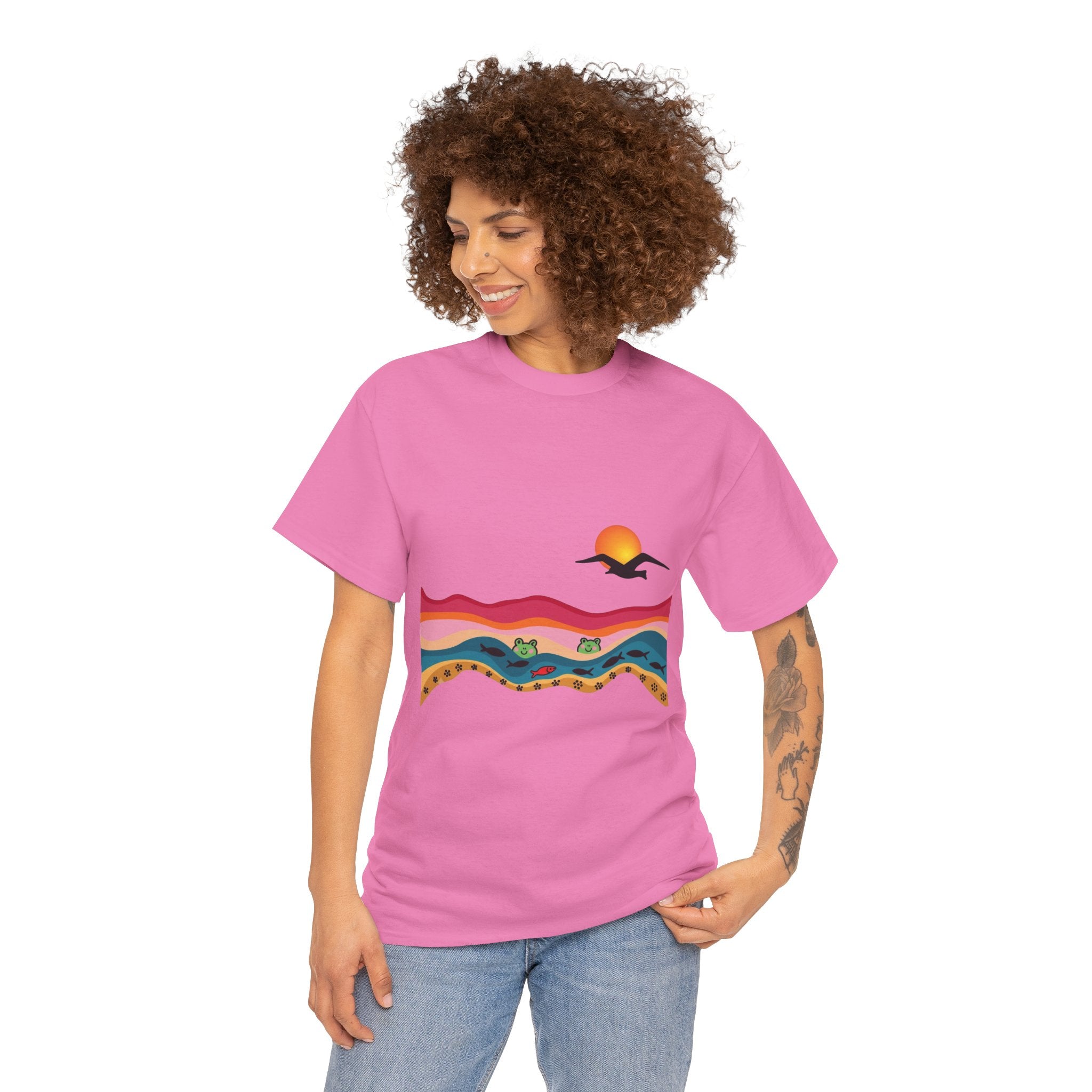 Sunset Desert Waves Tee | Vibrant Southwestern Landscape, Bird Silhouette