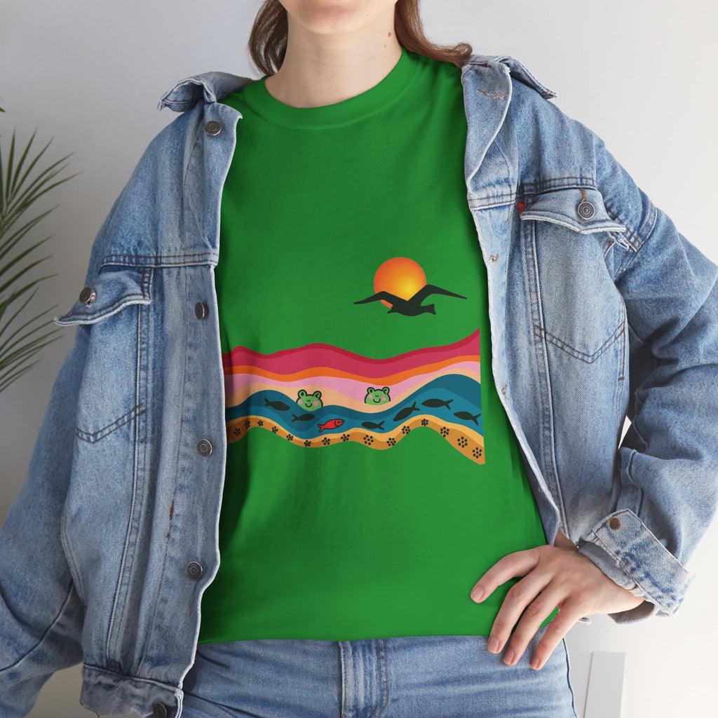 Sunset Desert Waves Tee | Vibrant Southwestern Landscape, Bird Silhouette