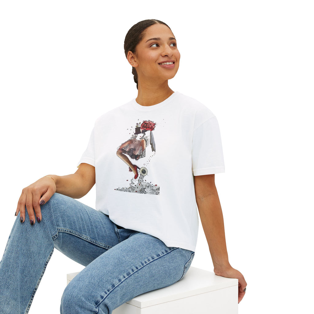 Surreal Floral-Head Figure Boxy Tee | Collage Art, Abstract Portrait