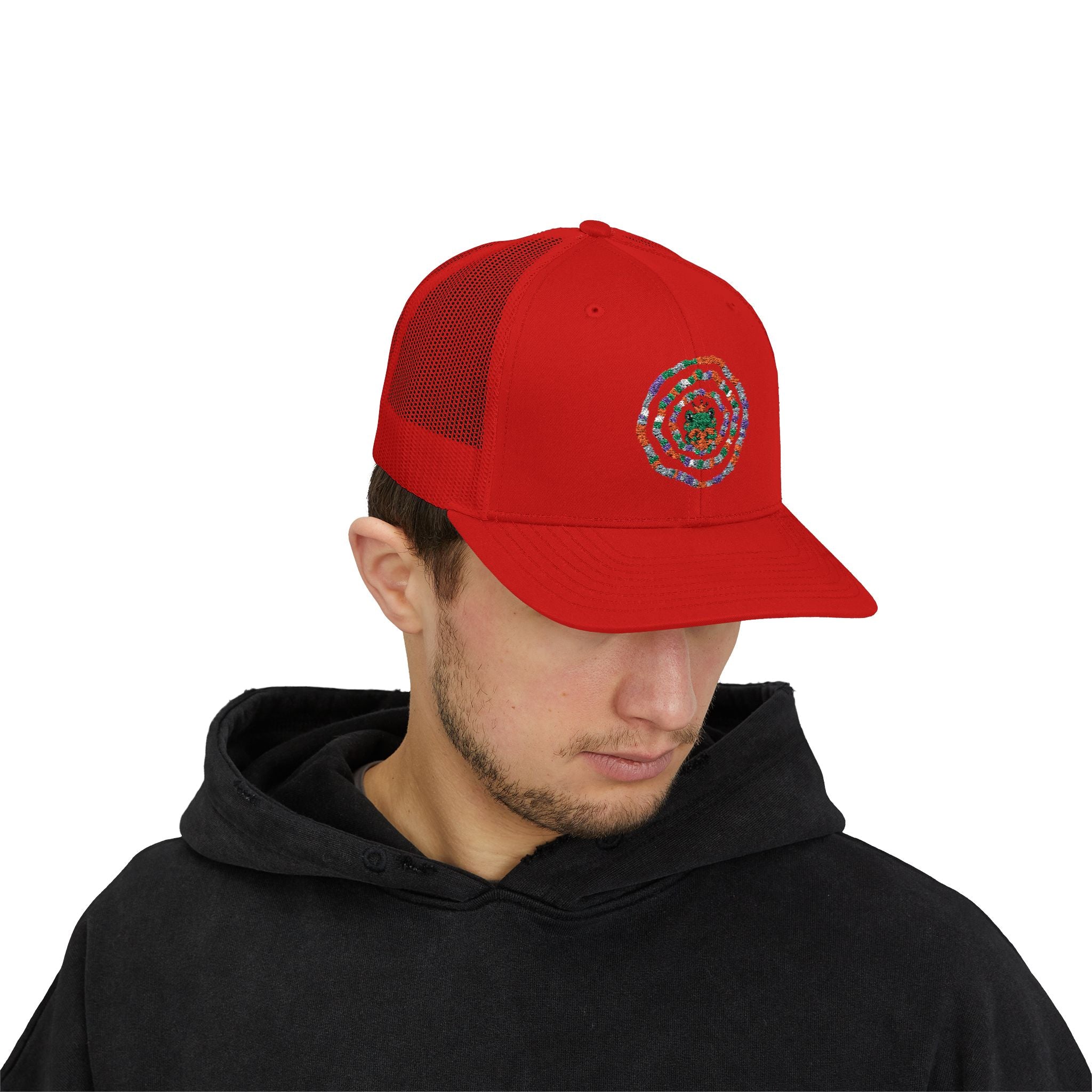 Spiral Mosaic Flower Snapback Trucker Cap | Embroidered Floral Circle