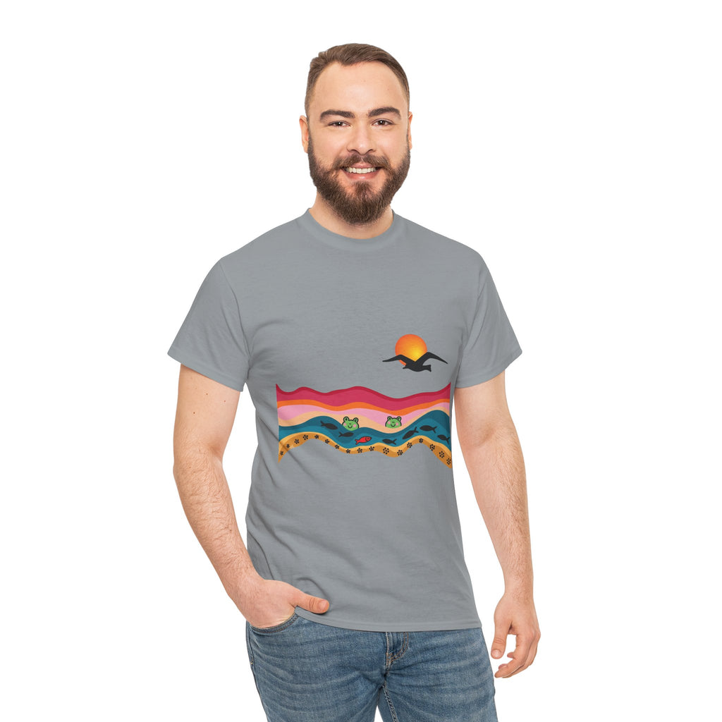 Sunset Desert Waves Tee | Vibrant Southwestern Landscape, Bird Silhouette