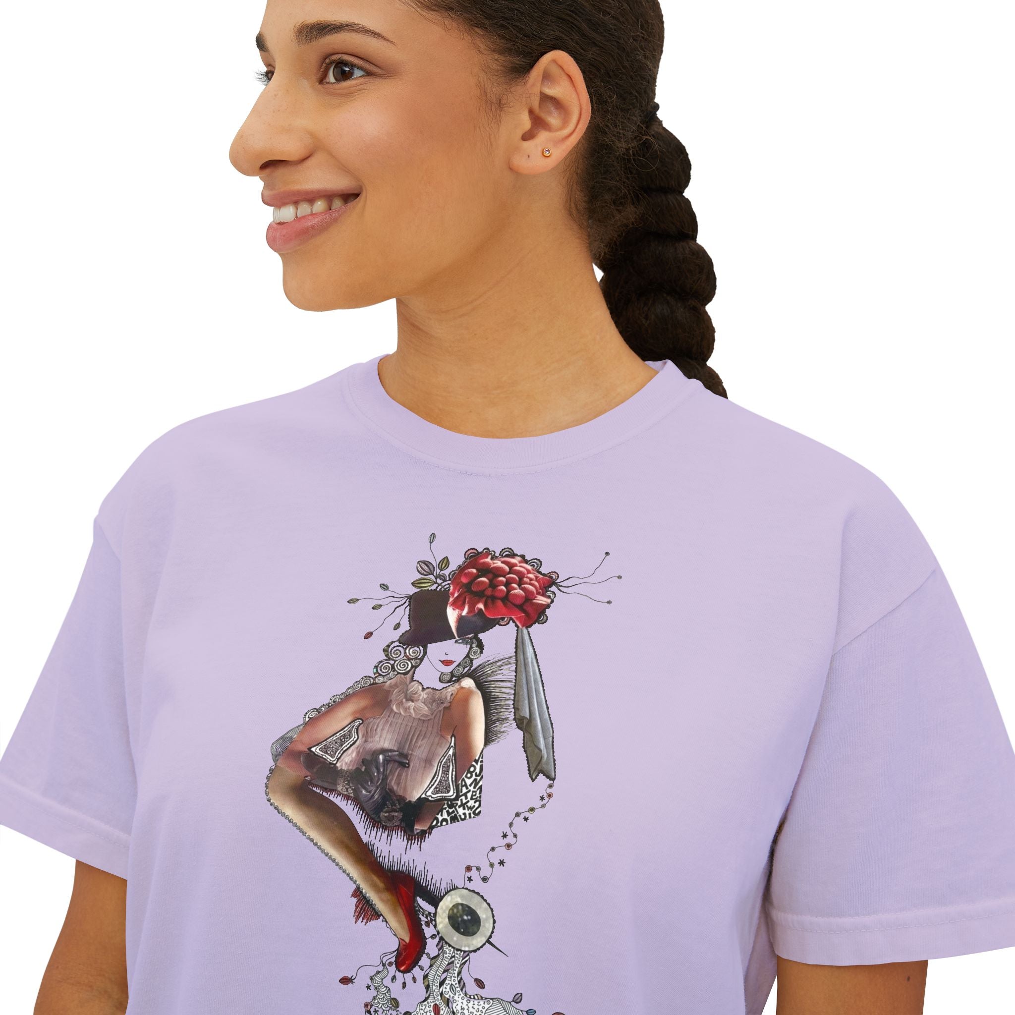 Surreal Floral-Head Figure Boxy Tee | Collage Art, Abstract Portrait