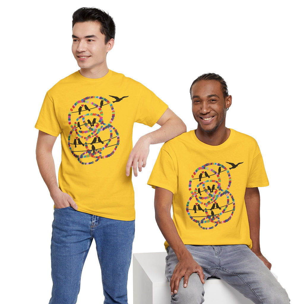 Colorful Tape Swirl with Flying Birds T-Shirt | Abstract Graphic Tee