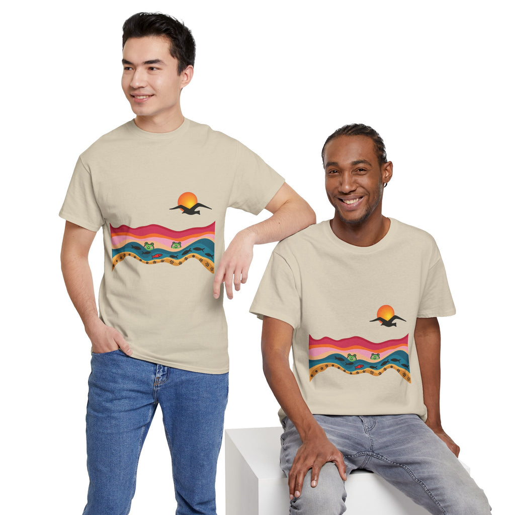 Sunset Desert Waves Tee | Vibrant Southwestern Landscape, Bird Silhouette