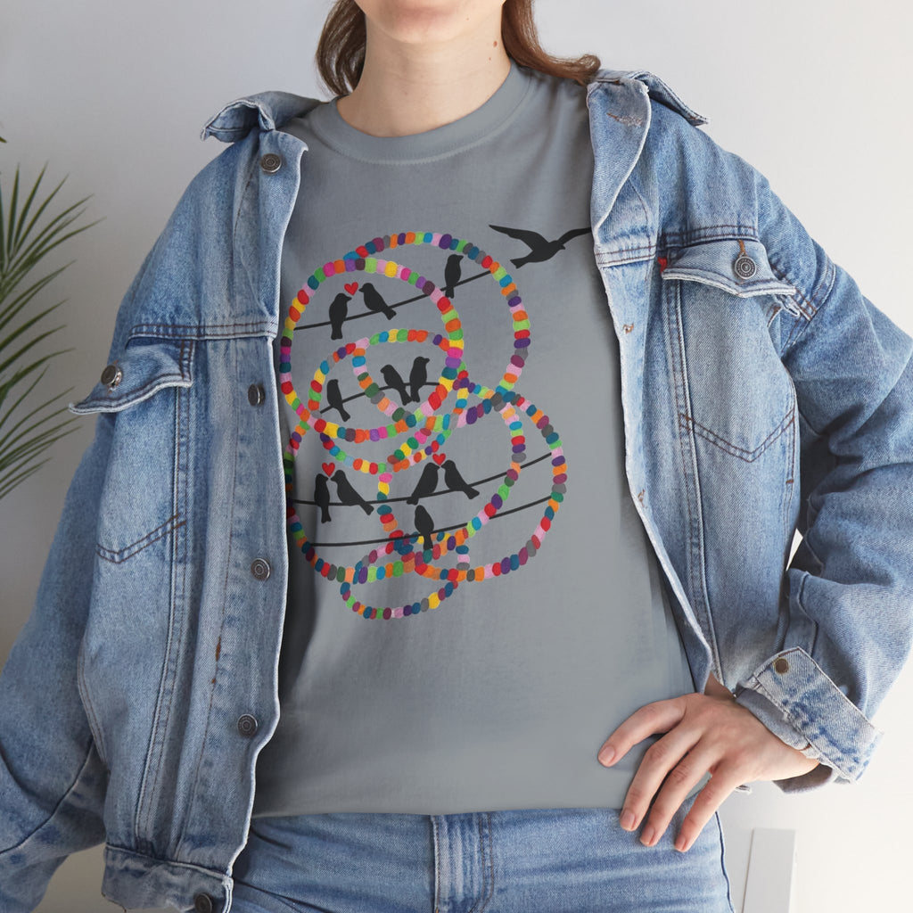 Colorful Tape Swirl with Flying Birds T-Shirt | Abstract Graphic Tee
