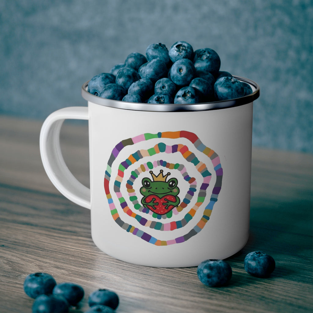 Rainbow Spiral Frog with Crown Enamel Camping Mug | Cute Frog Heart Design