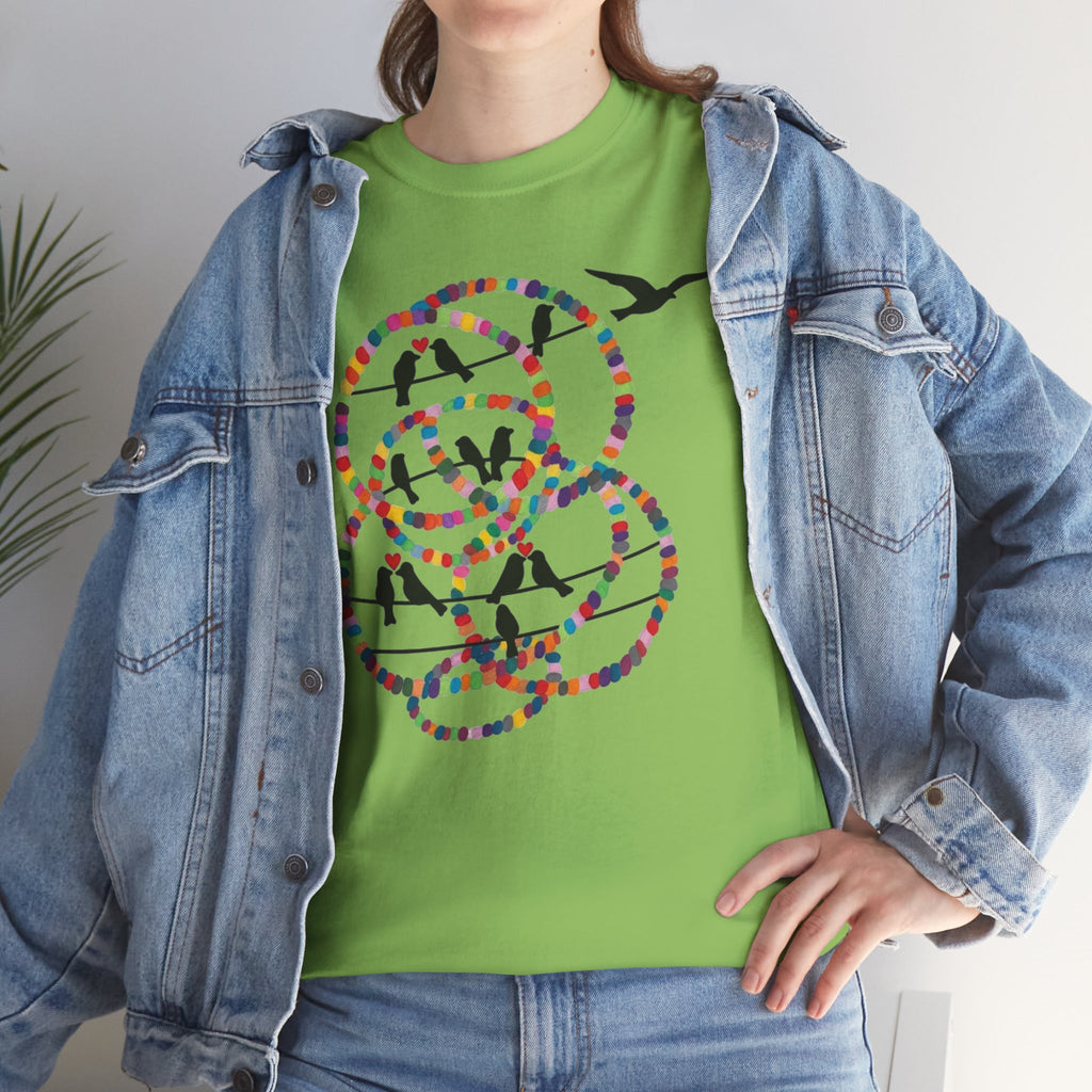 Colorful Tape Swirl with Flying Birds T-Shirt | Abstract Graphic Tee