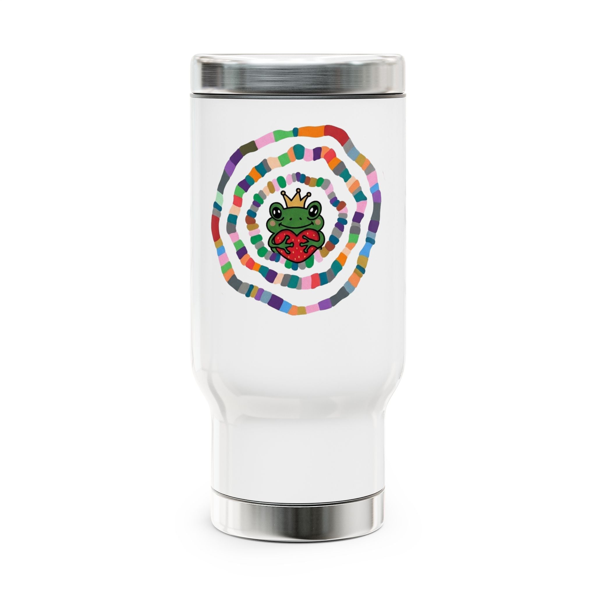 Rainbow Spiral Frog Holding Heart Travel Mug | 14oz Stainless Steel