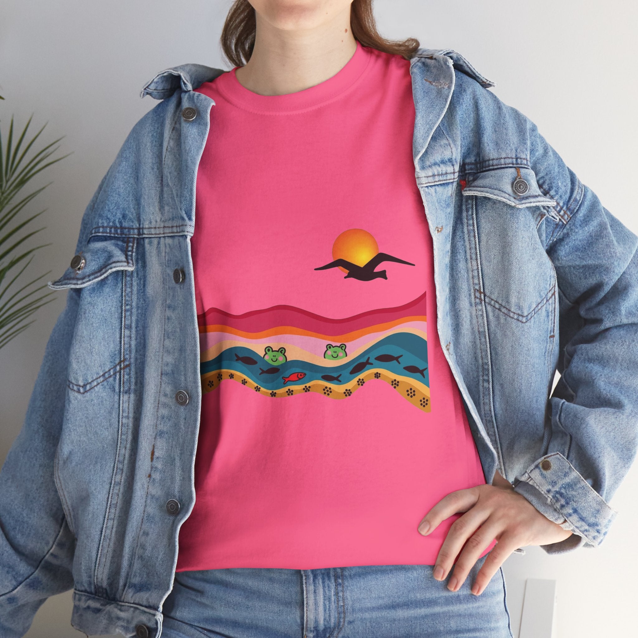 Sunset Desert Waves Tee | Vibrant Southwestern Landscape, Bird Silhouette