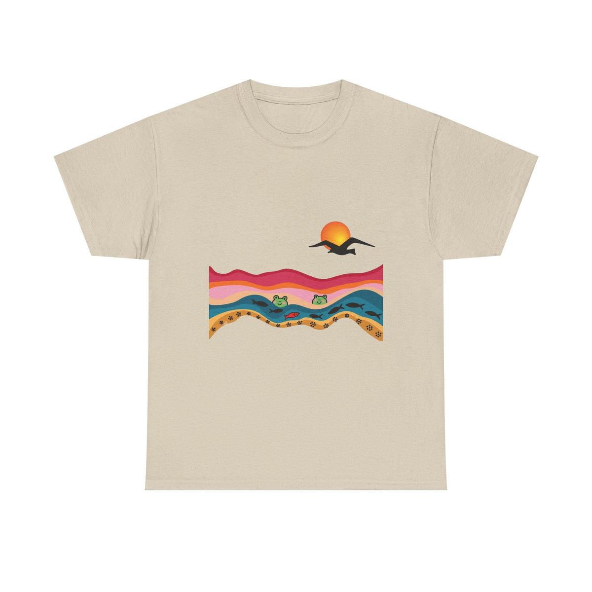 Sunset Desert Waves Tee | Vibrant Southwestern Landscape, Bird Silhouette
