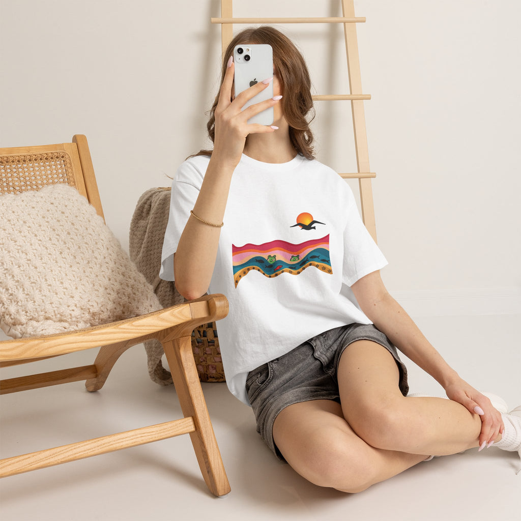 Sunset Desert Waves Tee | Vibrant Southwestern Landscape, Bird Silhouette