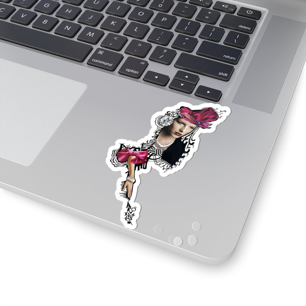 Fashion Girl Kiss-Cut Sticker — Vintage Portrait with Pink Bow Laptop Decal