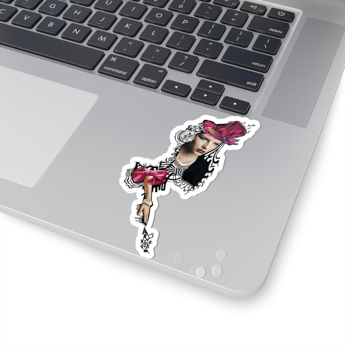 Fashion Girl Kiss-Cut Sticker — Vintage Portrait with Pink Bow Laptop Decal