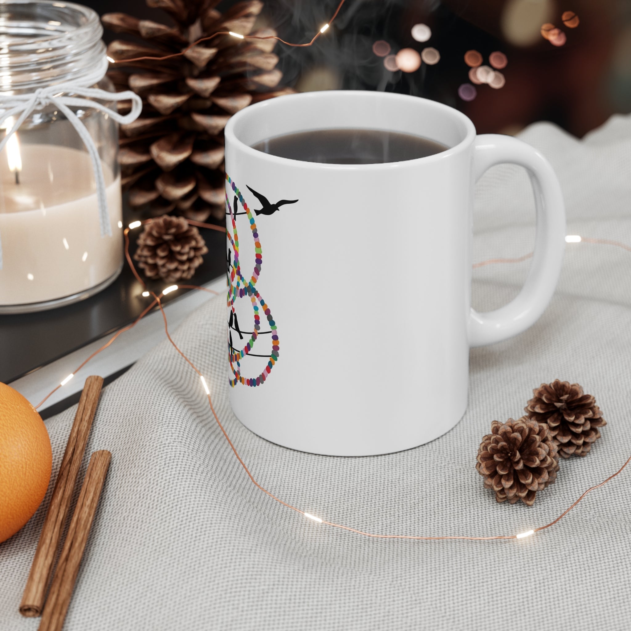 Colorful Beaded Hoop Birds Mug | Silhouette Bird Art, Whimsical Pattern
