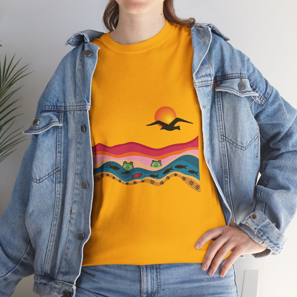 Sunset Desert Waves Tee | Vibrant Southwestern Landscape, Bird Silhouette