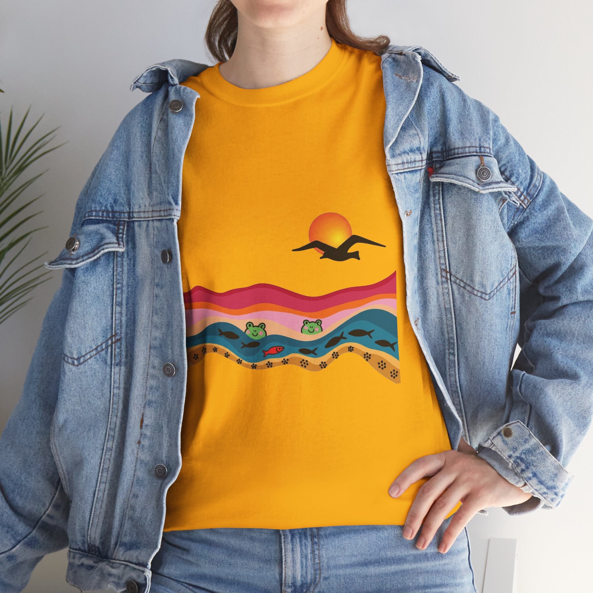 Sunset Desert Waves Tee | Vibrant Southwestern Landscape, Bird Silhouette