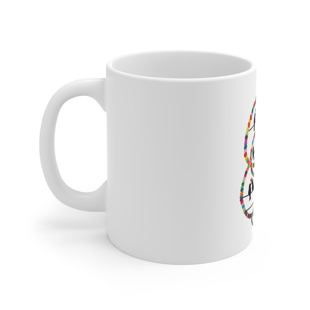 Colorful Beaded Hoop Birds Mug | Silhouette Bird Art, Whimsical Pattern