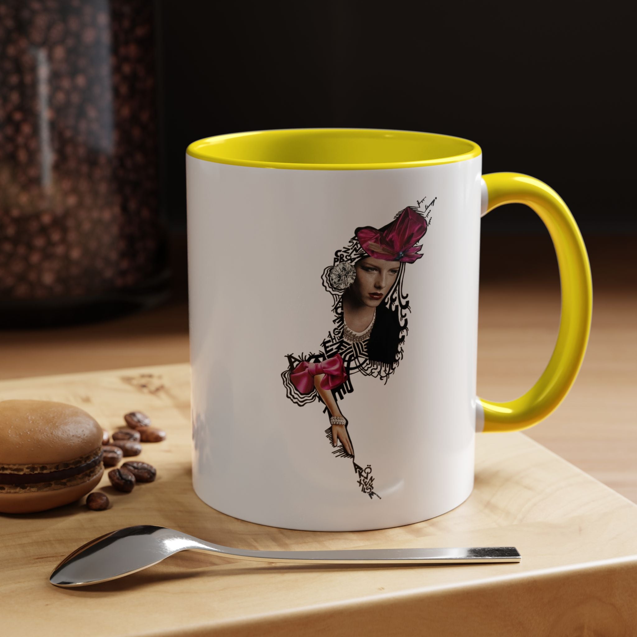 Vintage Femme Portrait Mug | Floral Headpiece, Pink Feathered Hat