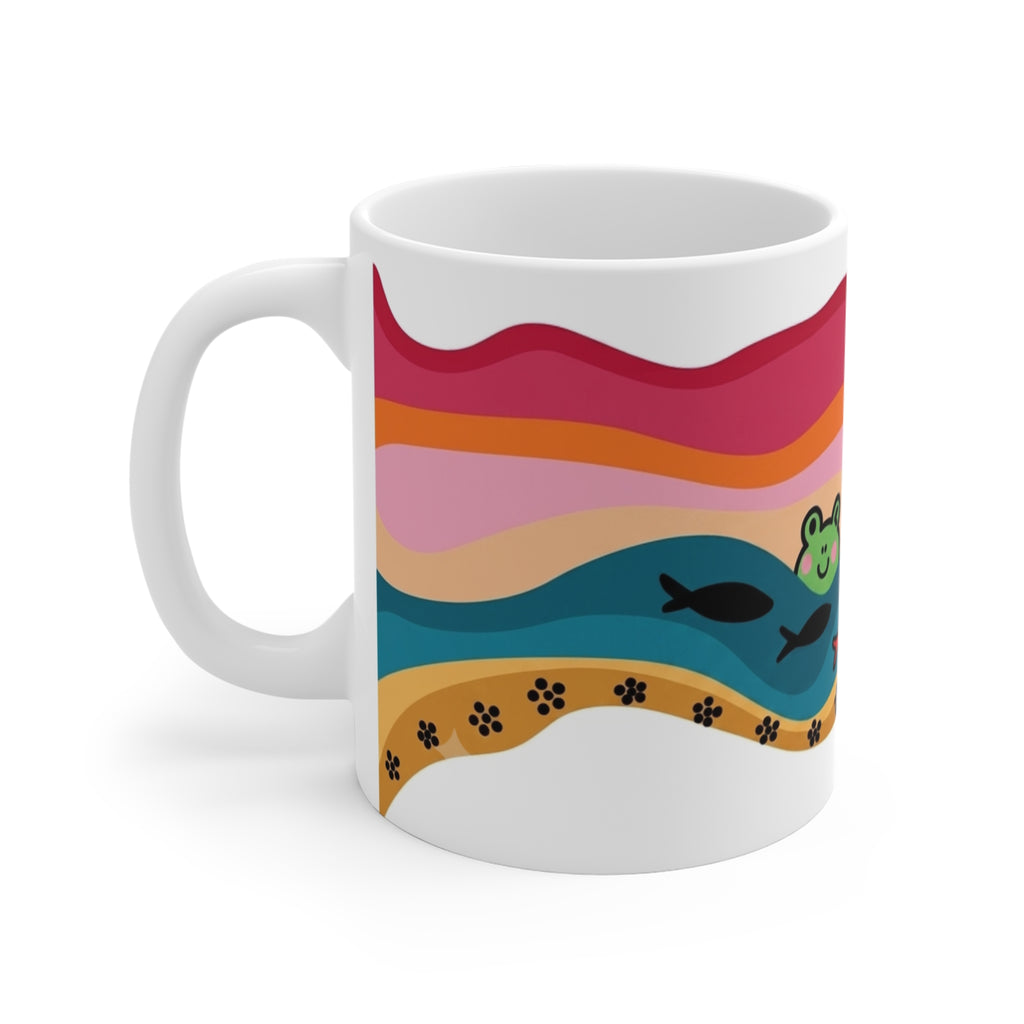 Playful Frog Pond Mug | Colorful Waves, Fish and Paw Print Border