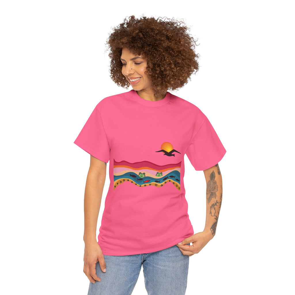 Sunset Desert Waves Tee | Vibrant Southwestern Landscape, Bird Silhouette