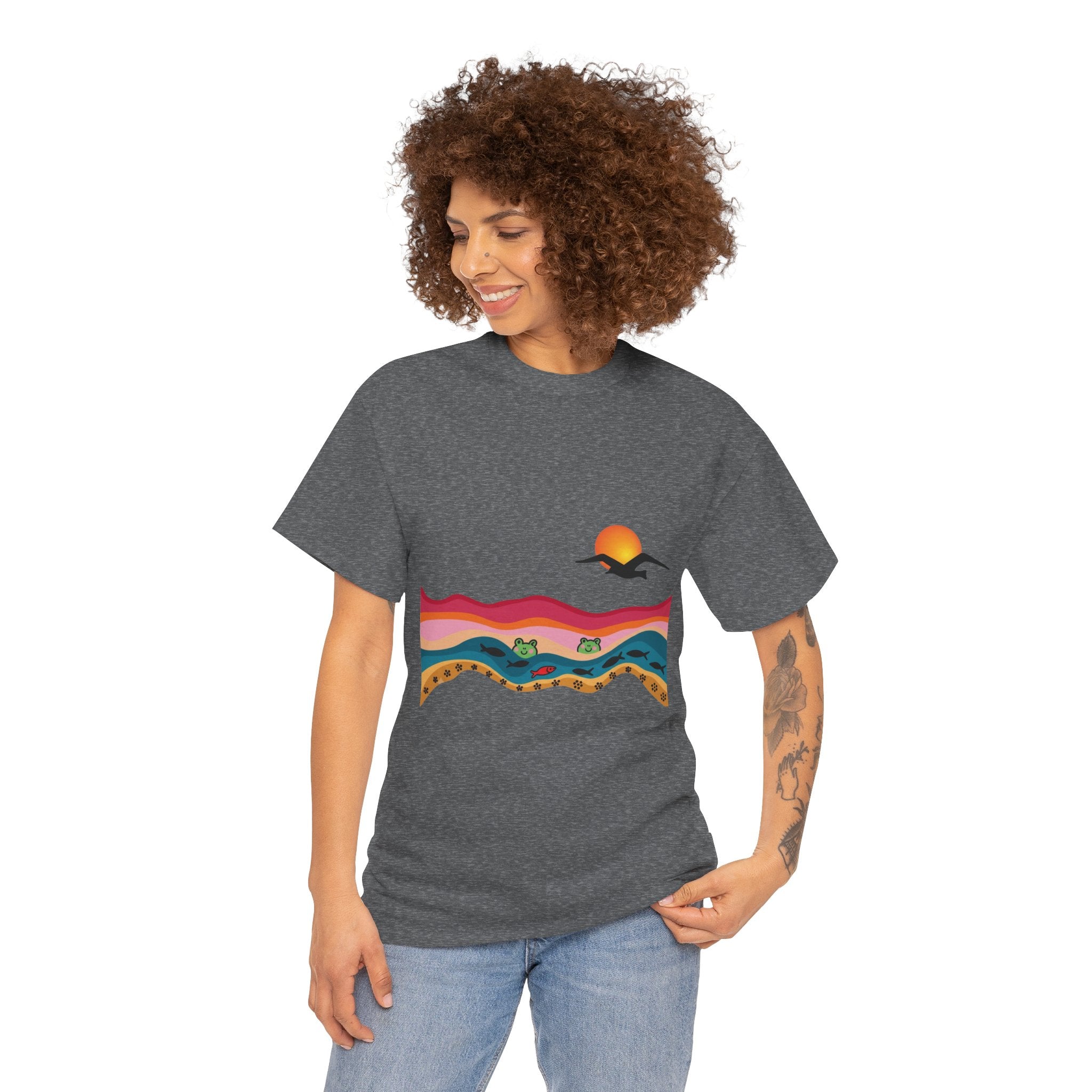 Sunset Desert Waves Tee | Vibrant Southwestern Landscape, Bird Silhouette