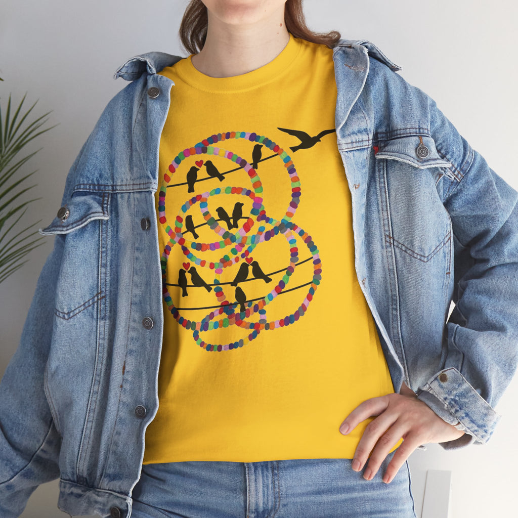 Colorful Tape Swirl with Flying Birds T-Shirt | Abstract Graphic Tee