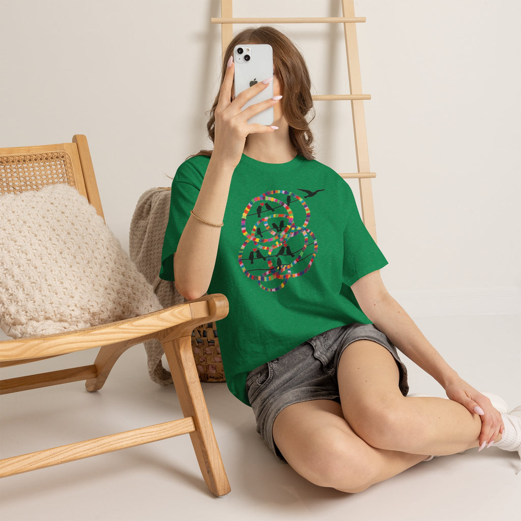 Colorful Tape Swirl with Flying Birds T-Shirt | Abstract Graphic Tee
