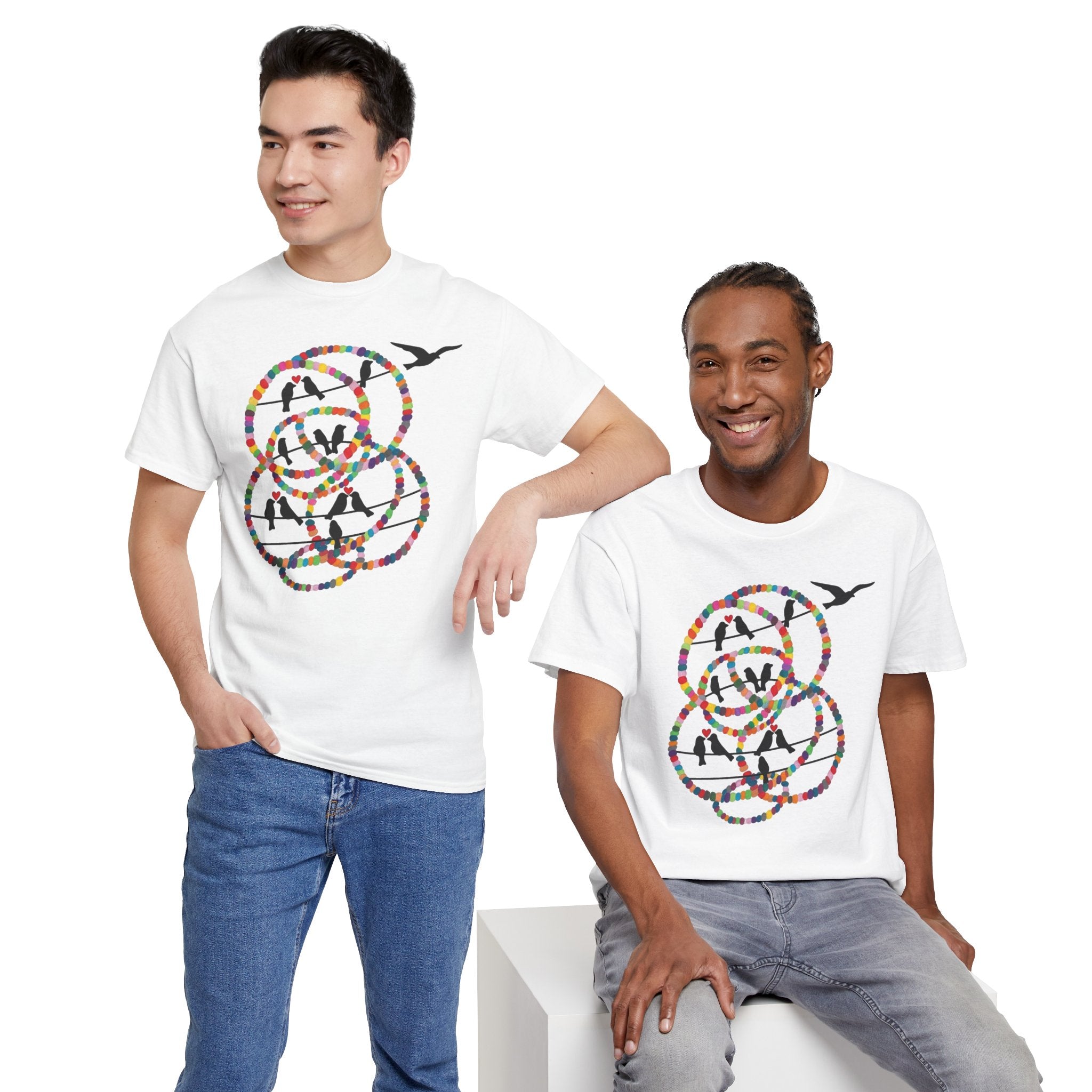 Colorful Tape Swirl with Flying Birds T-Shirt | Abstract Graphic Tee