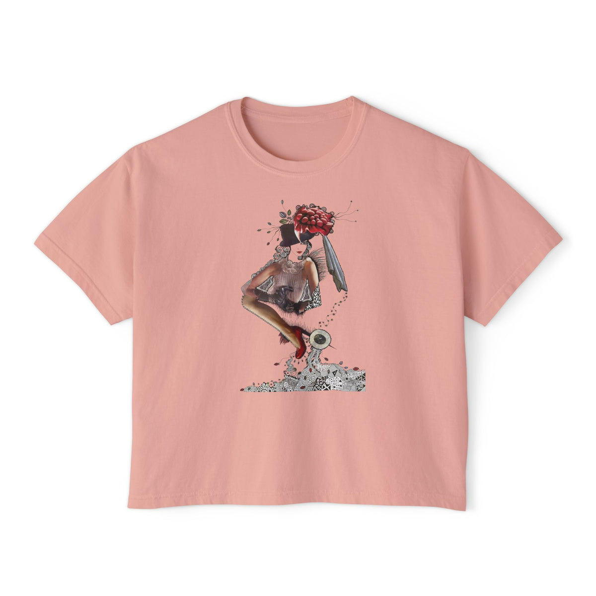 Surreal Floral-Head Figure Boxy Tee | Collage Art, Abstract Portrait