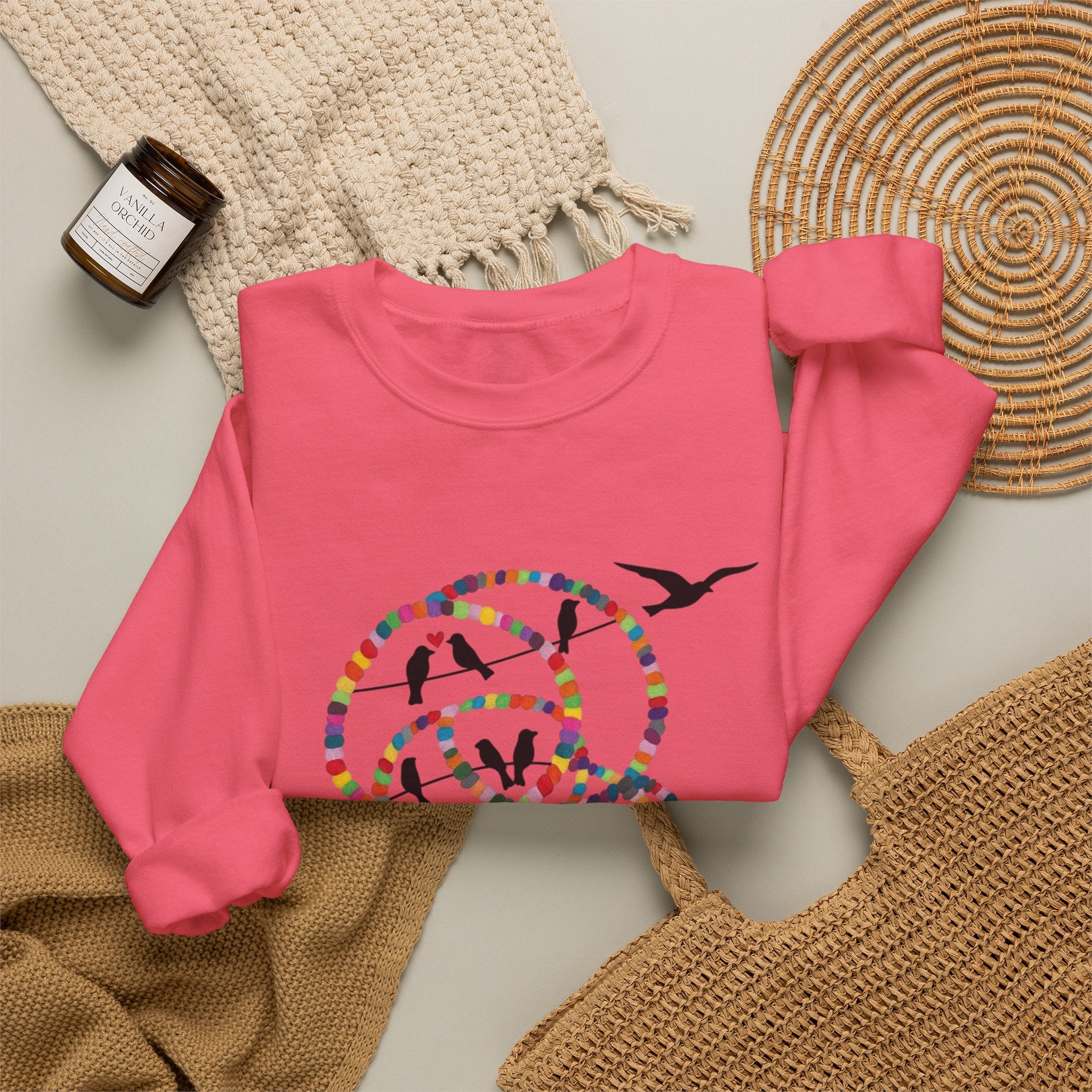 Colorful Hoop Birds sweatshirt | Minimal Circles Bird Silhouette Crewneck