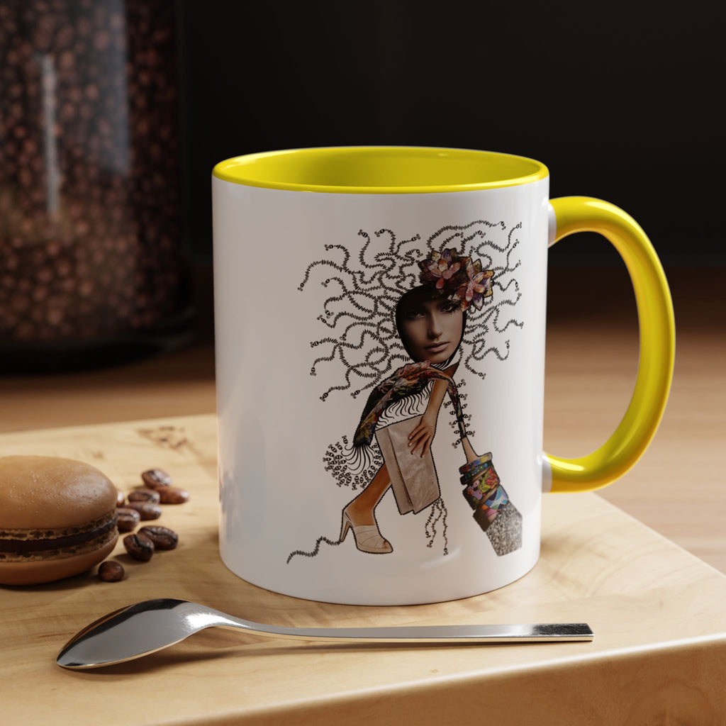 Medusa Face Collage Accent Coffee Mug | Surreal Hair Tendrils, Fashion Elements