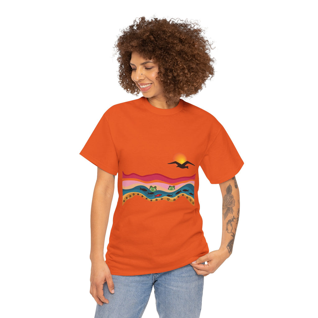 Sunset Desert Waves Tee | Vibrant Southwestern Landscape, Bird Silhouette